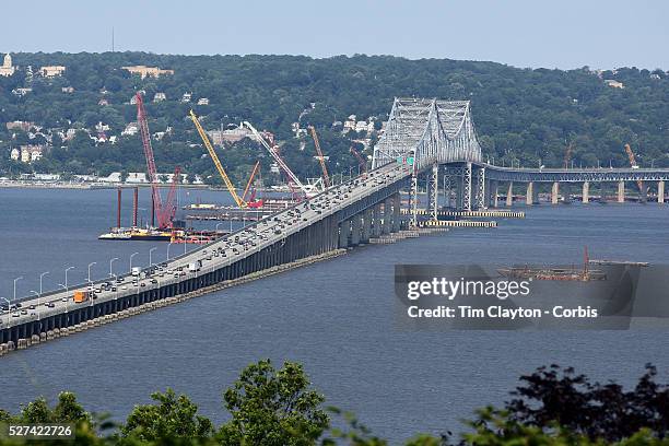 Construction work underway on a new NY Bridge to replace the deteriorating structure of the Tappan Zee Bridge which crosses the Hudson River in the...