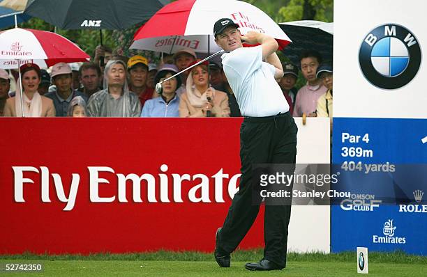 May 1: Ernie Els of South Africa follows his tee shot on the 1st hole during the Final Round of the BMW Asian Open at the Tomson Pudong Golf Club on...