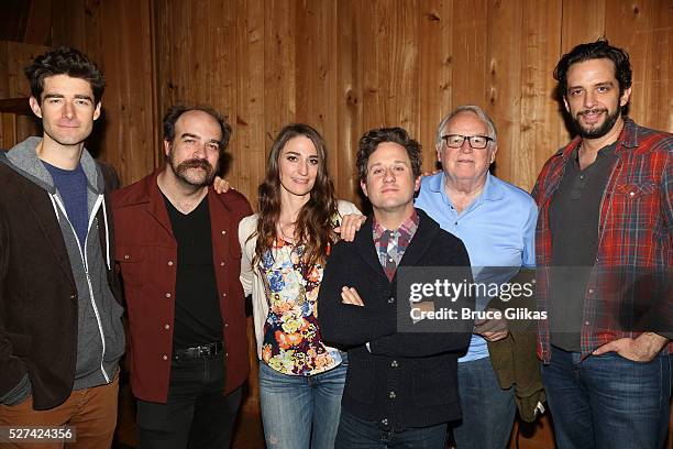 Drew Gehling, Eric Anderson, Sara Bareilles, Christopher Fitzgerald, Dakin Matthews and Nick Cordero pose at the "Waitress" Original Broadway Cast...