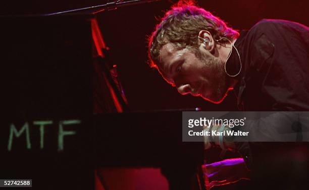 Chris Martin of Coldplay performs at the Coachella Valley Music and Arts Festival at the Empire Polo Fields on April 30, 2005 in Indio, California.