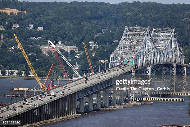 Construction work underway on a new NY Bridge to replace the deteriorating structure of the Tappan Zee Bridge which crosses the Hudson River in the...
