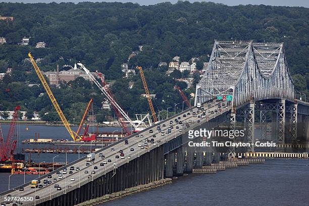 Construction work underway on a new NY Bridge to replace the deteriorating structure of the Tappan Zee Bridge which crosses the Hudson River in the...