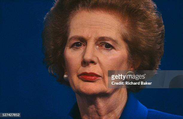 Prime Minster Margaret Thatcher is seen giving a party speech at the 1990 Conservative Party Conference in Blackpool, Lancashire, a full year after...