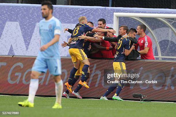 New York Red Bulls Manager Jesse Marsch, , celebrates with his players after Chris Duvall, New York Red Bulls, scored his sides second goal while...