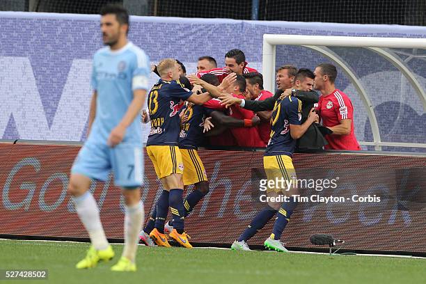 New York Red Bulls Manager Jesse Marsch, , celebrates with his players after Chris Duvall, New York Red Bulls, scored his sides second goal while...