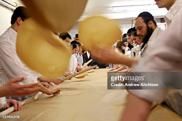 Teams of Orthodox Jewish teenage boys use rolling pins to flatten the matza bread for Passover before it goes into the oven in a room at the back of...