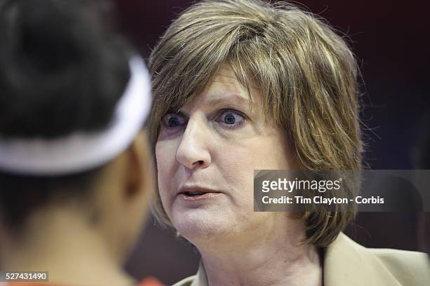 Anne Donovan, Head Coach of the Connecticut Sun, speaking to her players on the side line during the Connecticut Sun V Washington Mystics WNBA...