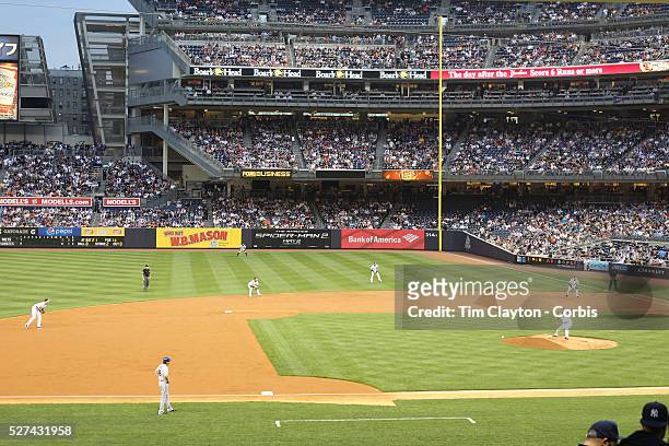 The New York Yankees put on an infield shift during the New York Yankees V New York Mets, Subway Series game at Yankee Stadium, The Bronx, New York....