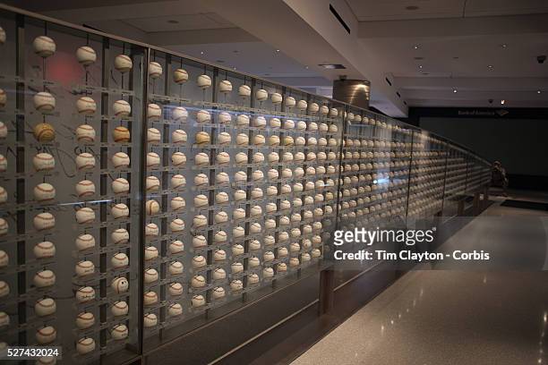 Display of baseballs signed by Yankees players past and present inside the Yankee Museum at Yankee Stadium, The Bronx, New York. Photo Tim Clayton