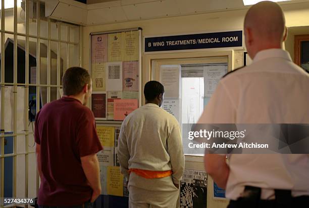 Prison officer watches prisoners as they collect their medication from the B wing treatment room at Wandsworth prison. HMP Wandsworth in South West...