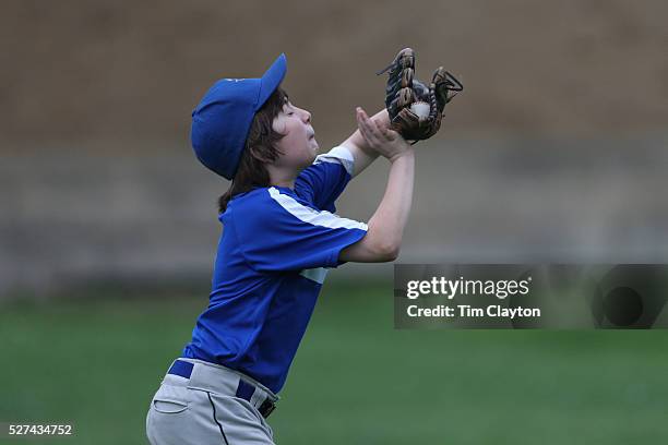 Young baseball player makes a catch in the outfield during the Norwalk Little League baseball competition at Broad River Fields, Norwalk,...