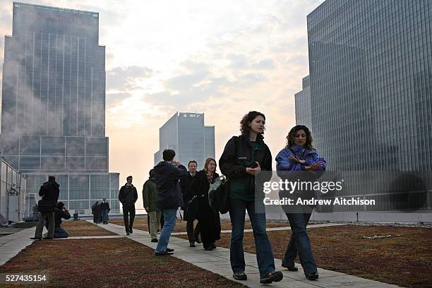 Barclays Living Roof on its headquarters on Churchill Place in the Isle of Dogs, London. The roof has been designed to create biodiversity and is a...