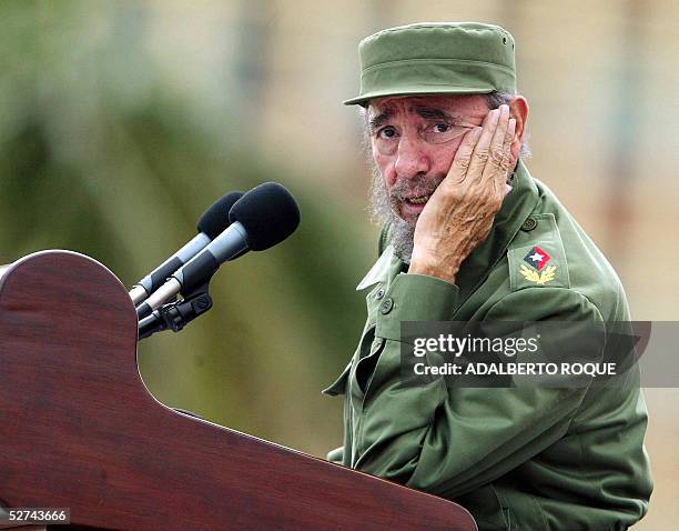 Cuban President Fidel Castro presides over a massive May Day demonstration at Havana's Plaza de la Revolucion , 01 May 2005. More than one million...