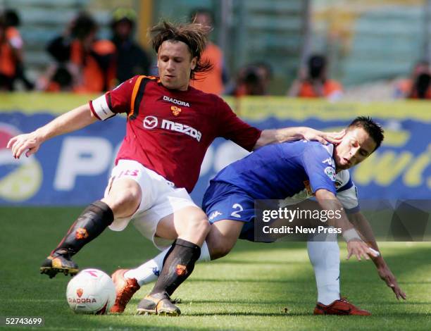 Antonio Cassano of Roma and Gilberto Martinez of Brescia in action during the Serie A match between AS Roma and Brescia at the Stadio Olimpico on May...