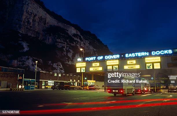 As darkness approaches, a queue of campervans and other vehicles queue up at the first checkpoint in the Port of Dover's Eastern Docks, the...