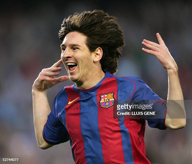 Barcelona's Argentinian Messi celebrates his goal against Albacete during their Spanish League football match at the Camp Nou stadium in Barcelona,...