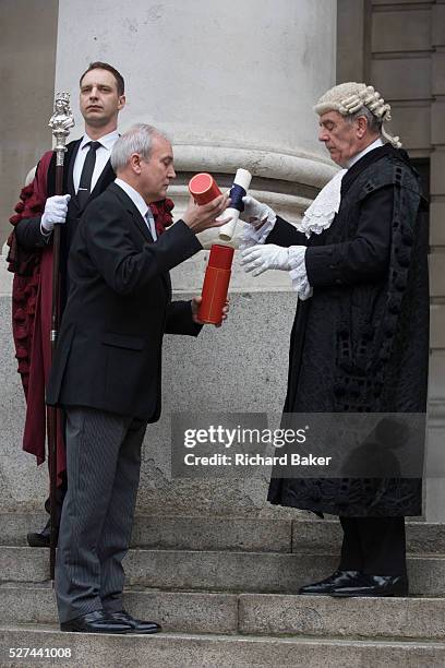 City Officers and officials help proclaim the disolving of parliament on the day that the period of Britain's general election starts. Accompanied by...