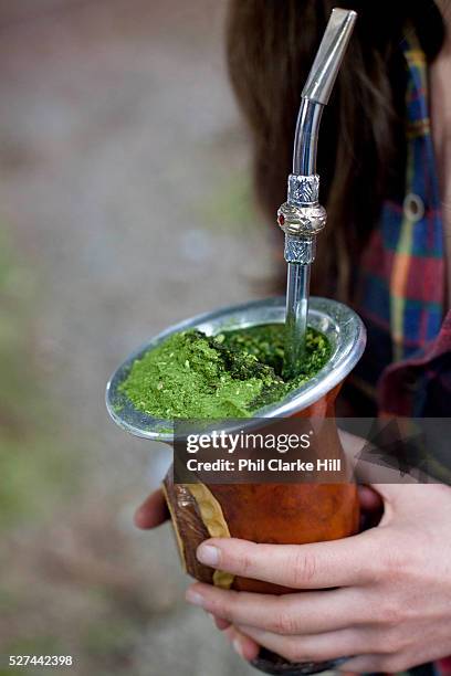 Detail shot of Erva Mate tea drink, hand holding decorative cup. Gaucho cowboy Rodeo, Flores de Cunha, Rio Grande do Sul.