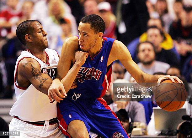 Andre Iguodala of the Philadelphia 76ers guards Tayshaun Prince of the Detroit Pistons during game four of the Eastern Conference Quarterfinals of...
