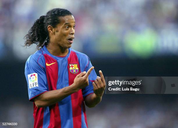 Ronaldinho of FC Barcelona gestures during the La Liga match between FC Barcelona and Albacete on May 1, 2005 at Nou Camp stadium in Barcelona, Spain.