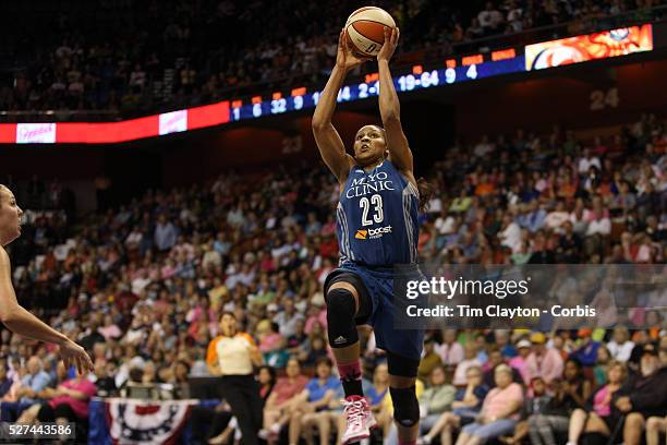 Maya Moore, Minnesota Lynx, drives to the basket during the Connecticut Sun Vs Minnesota Lynx, WNBA regular season game at Mohegan Sun Arena,...