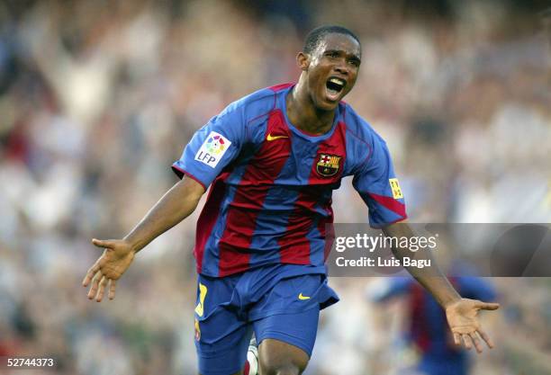 Samuel Etoo of FC Barcelona celebrates his goal during the La Liga match between FC Barcelona and Albacete on May 1, 2005 at Nou Camp stadium in...