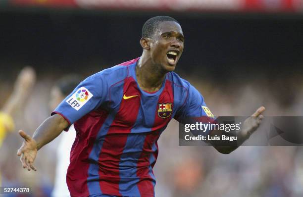 Samuel Etoo of FC Barcelona celebrates his goal during the La Liga match between FC Barcelona and Albacete on May 1, 2005 at Nou Camp stadium in...