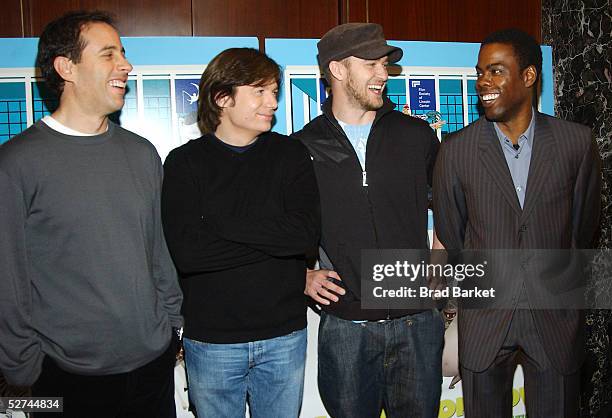 Jerry Seinfeld, Mike Myers, Justin Timberlake and Chris Rock pose for a photo at "Animation Now: Imagination, Innovation, Inspiration" presentation...