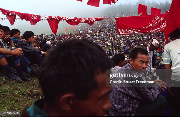 Peasants gather for a Maoist rally on a hillside in the Dolakha district, Nepal