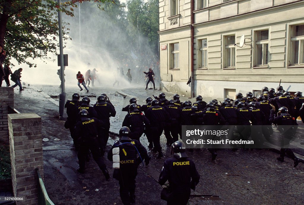 Czech Republic - Prague - Police charge and use water cannon