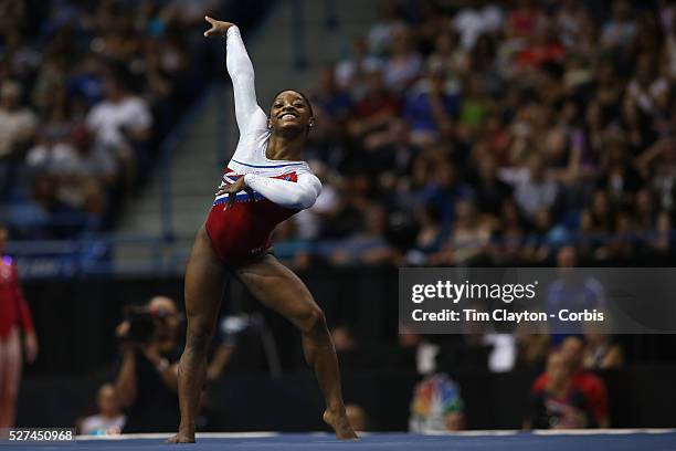 Simone Biles, Spring, Texas, in action during the Floor Routine while winning the All-Round title during the Senior Women Competition at The 2013 P&G...