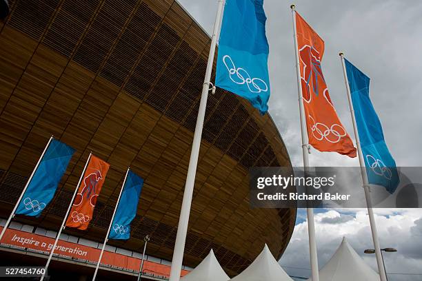 Exterior of the of the ��105m Siberian Pine Velodrome curved roof during the London 2012 Olympics. The London Velopark is a cycling centre in Leyton...