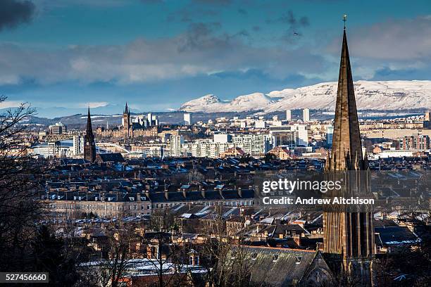 The sandstone spire of Queen's Park Baptist Church taken from Queens Park. The park is known for its view across the south side of Glasgow, with a...