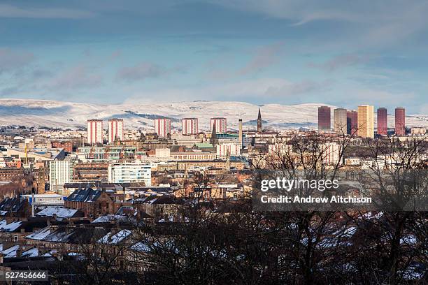 The view across Glasgow South side from Queens Park. The park is known for its view across the south side of Glasgow, with a snow covered Campsie...