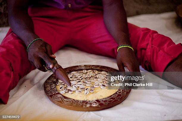 Babalawo using cowry shells and corn powder to read the fortunes of the people being initiated. Santeria is a syncretic religion practiced in Cuba,...