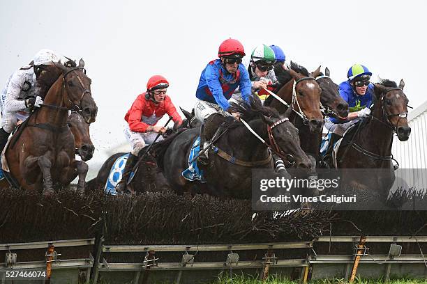 John Allen riding Ancient King jumps the second last hurdle in Race 3, the George Taylor Memorial Hurdle during Brierly Day at Warrnambool Race Club...