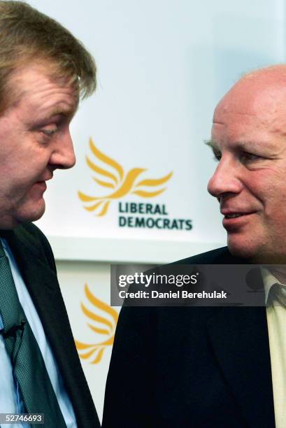 Charles Kennedy leader of the Liberal Democrats and Greg Dyke former BBC Director-General speak to media during the Liberal Democratic Election...