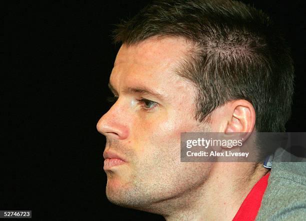 Jamie Carragher of Liverpool faces the media during a press conference ahead of the Champions League Semi Final Second Leg match against Chelsea at...