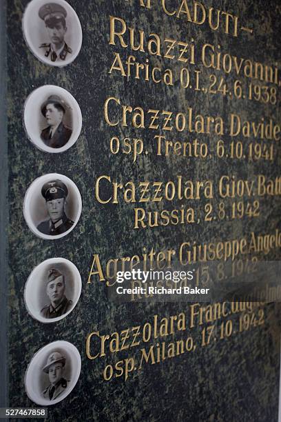 War memorial to those killed in WW2 in the Dolomites resort town of San Cassiano-St. Kassian in south Tyrol, Italy. Hitler's pact of non-aggression...