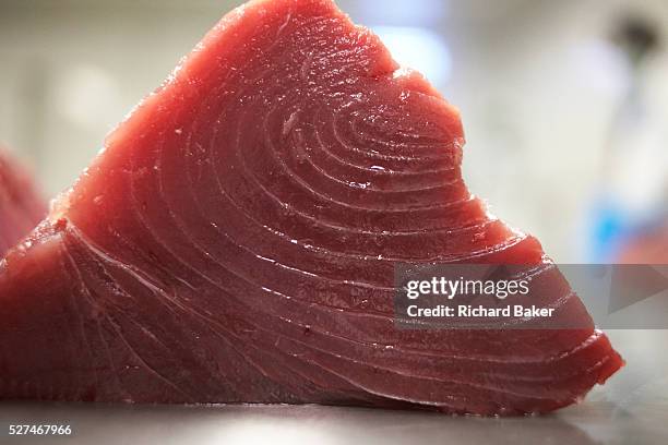 Chunk of prime yellowfin tuna fish steak lies after filleting on a table in a processing factory on the island of Himmafushi, Maldives. The 50kg...