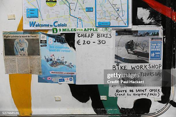 Signs are displayed at 'the Jungle' migrant camp in Calais, France, August 10, 2015. The Calais jungle is the nickname given to a series of camps in...