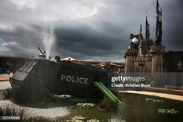 Art work by Banksy. On the first day the show is open only a thousand locals who won free ticket gets an advanced entry to the show.Dismaland, a...