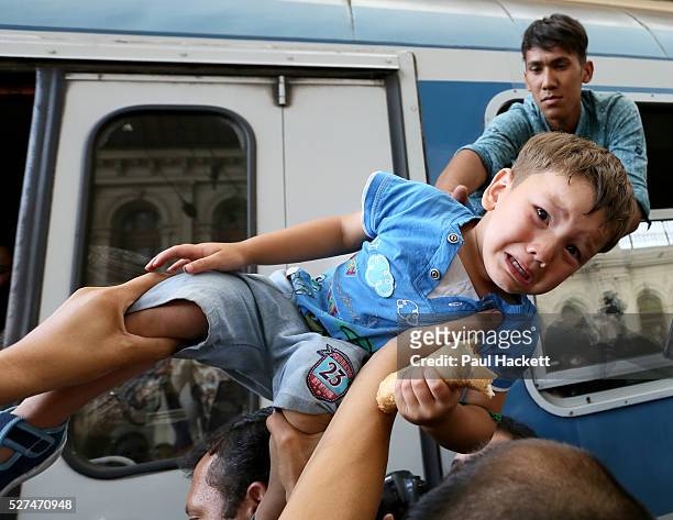 Young migrant boy is passed on to a train at Keleti train station in Budapest, Hungary. An estimated 3,000 people were believed to be camped out at...
