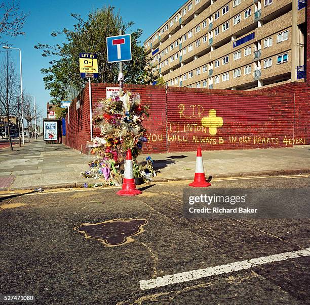 This memorial has been placed where a young man called 'Clinton' died on the A1206 Manchester Road, London, England, UK. If we drove past this place...