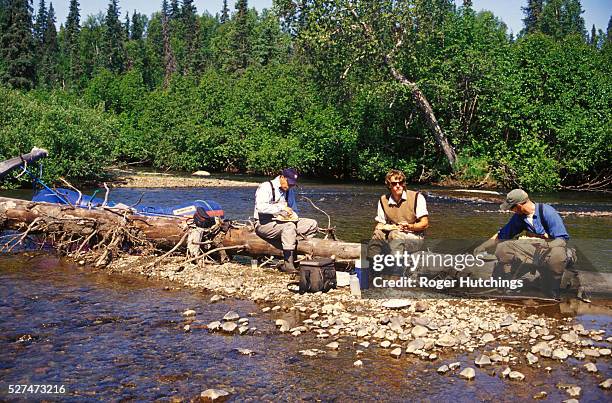 Simeon Hay a well respected British fishing instructor lunching on freshly caught Grayling from the Talachulitna River with two fishing guides from...