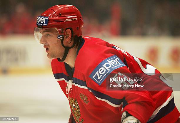 Andrey Markov of Russia takes a break against Austria in the IIHF World Men's Championships preliminary round game at Wiener Stadthalle on April 30,...