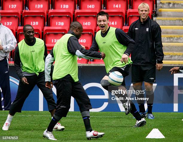 John Terry of Chelsea in action during a training session ahead of the Champions League Semi Final Second Leg match against Liverpool at Anfield on...