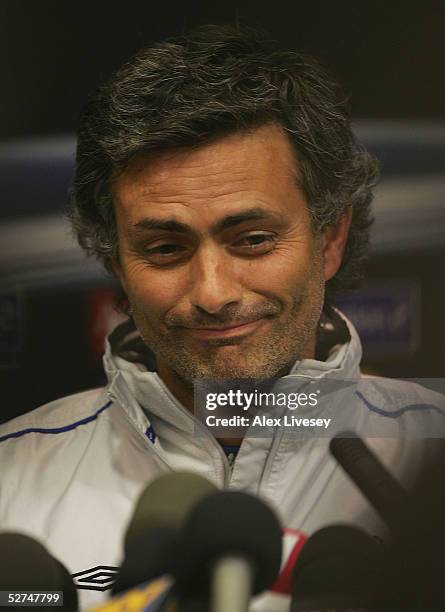 Jose Mourinho the manager of Chelsea faces the media during a press conference ahead of the Champions League Semi Final Second Leg match against...