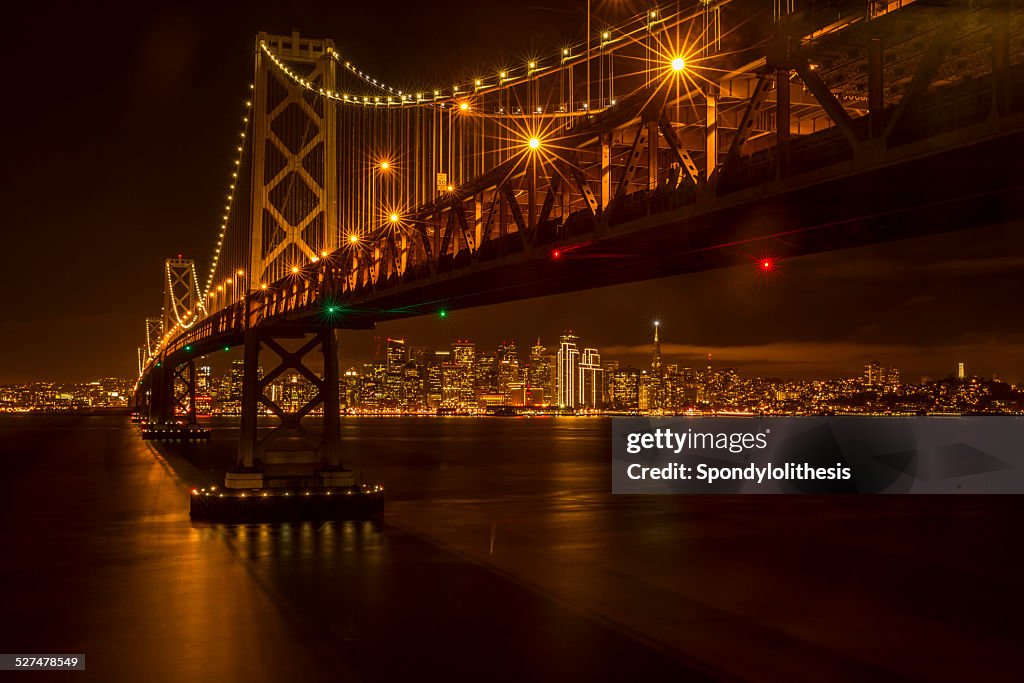 San Francisco skyline and Bay Bridge at night