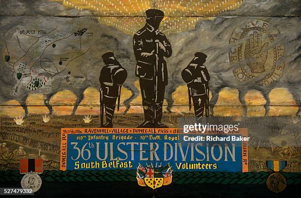 Loyalist wall mural in a protestant area of Belfast showing a memorial to the 36th Ulster Division of south Belfast during their service in the...